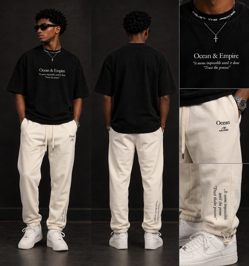 Ocean and Empire signature oversized tee and cream sweatpants