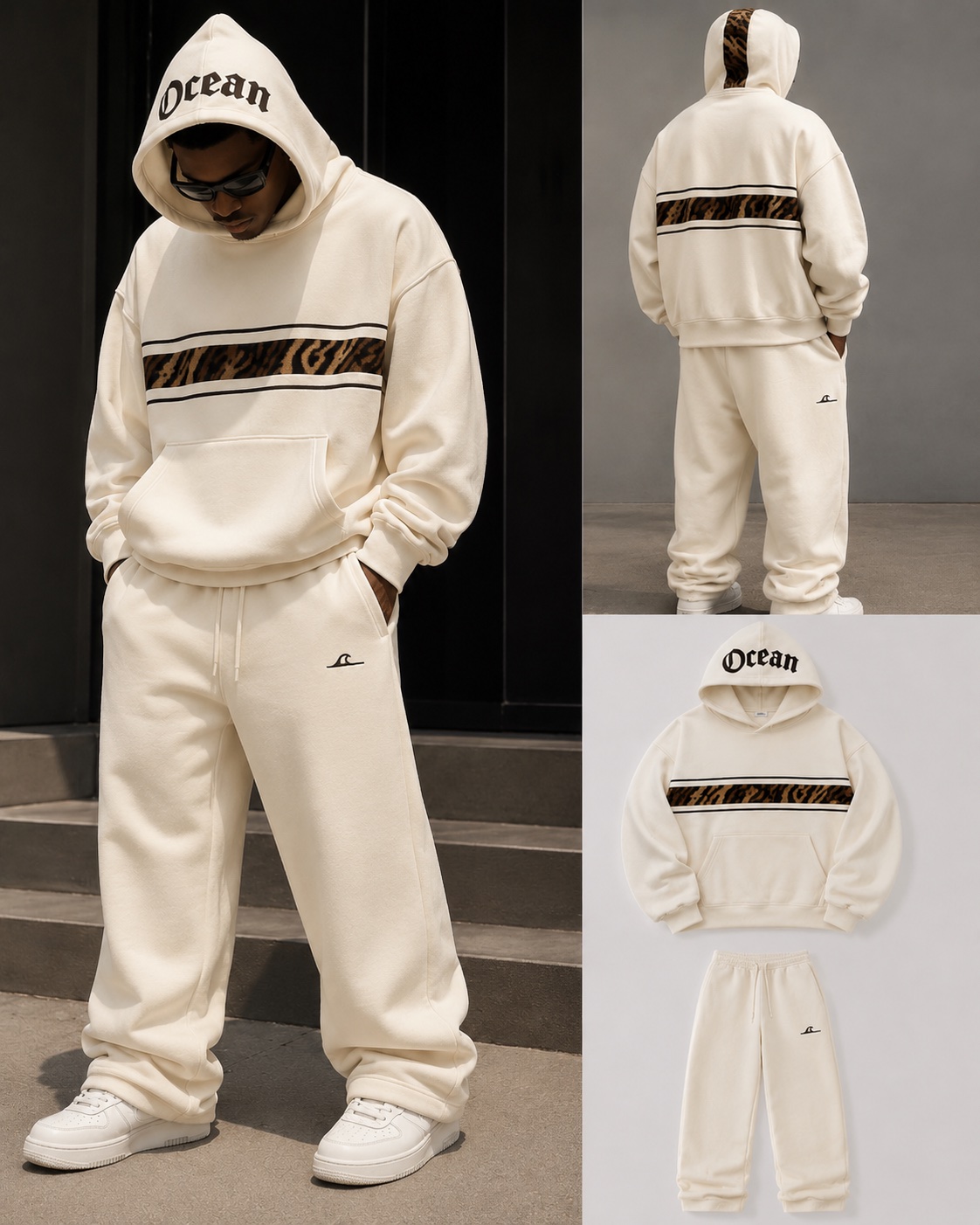 Ocean and Empire Cream Patterned Hoodie Tracksuit Set