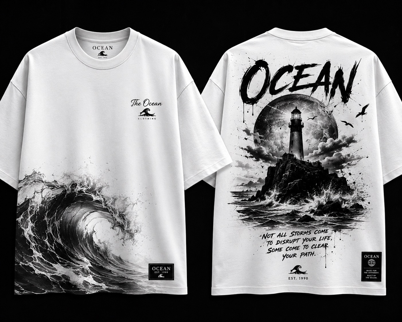 Ocean Lighthouse Storm Graphic Tee White