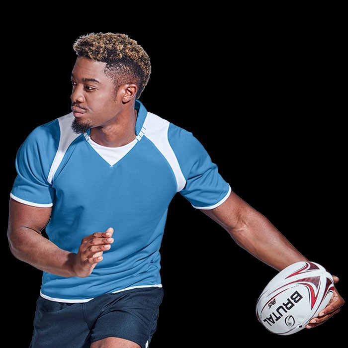 Rugby player wearing custom blue athletic shirt