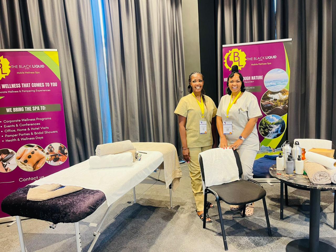 Conference wellness lounge and chair massage setup for exhibition and summit delegates