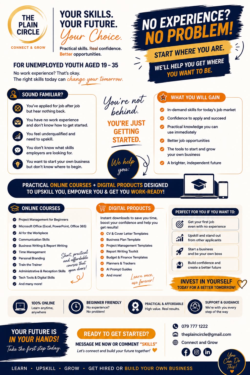 Student Offerings across all options: Your Skills Your Future Your Choice for unemployed youth aged 19 to 35, practical online courses, digital products, and work readiness