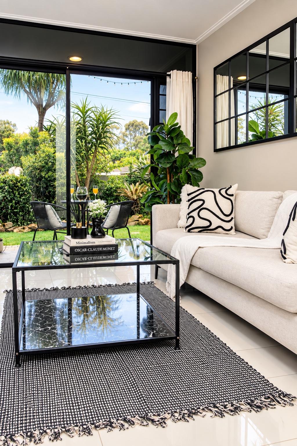 Light-filled lounge overlooking lush garden