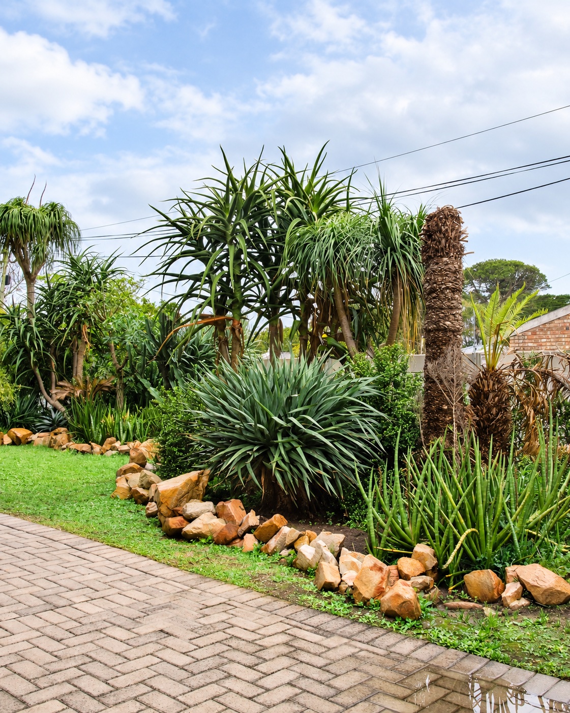 Lush indigenous garden landscaping with aloes and paved walkway