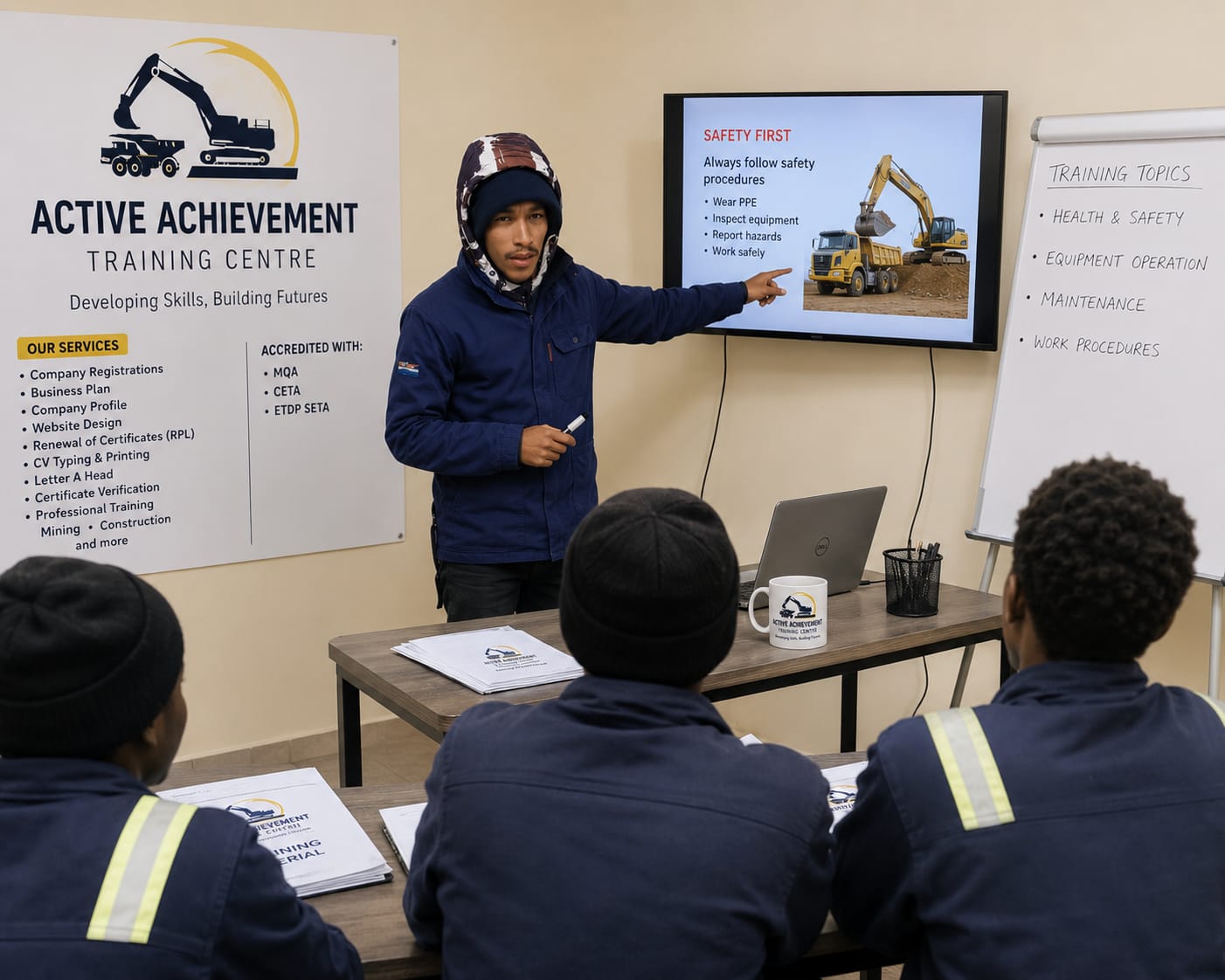 Instructor presenting a safety slide to learners in a classroom at Active Achievement Training Centre
