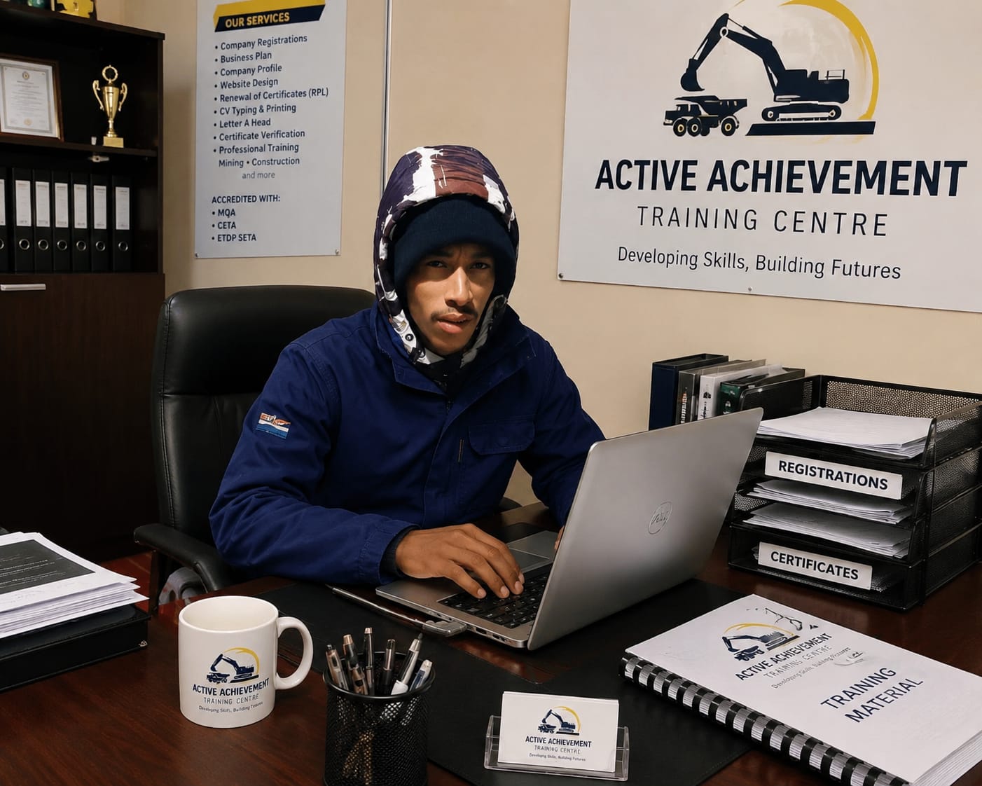 Active Achievement Training Centre office with the branded sign, training material, certificates and trophy