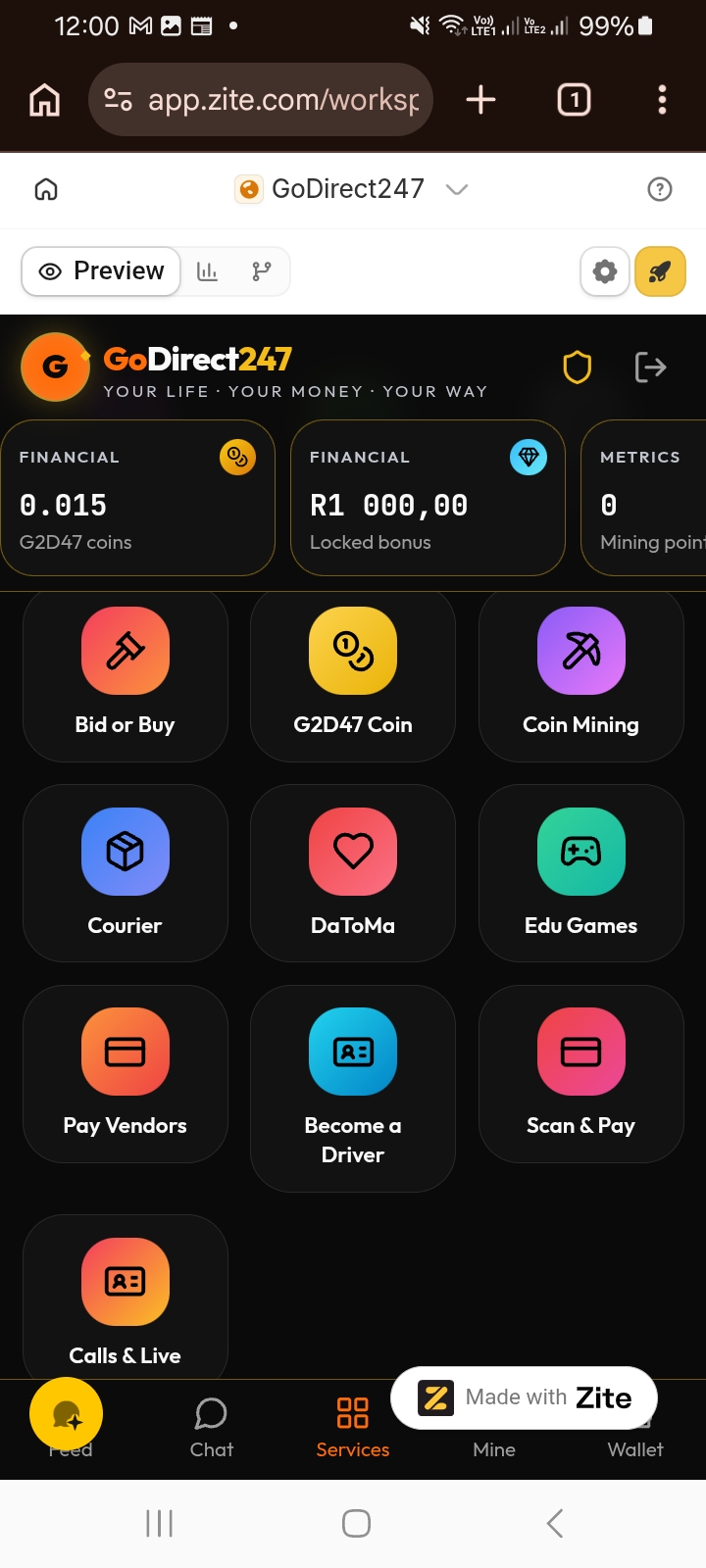 Screenshot of the GoDirect247 app services screen