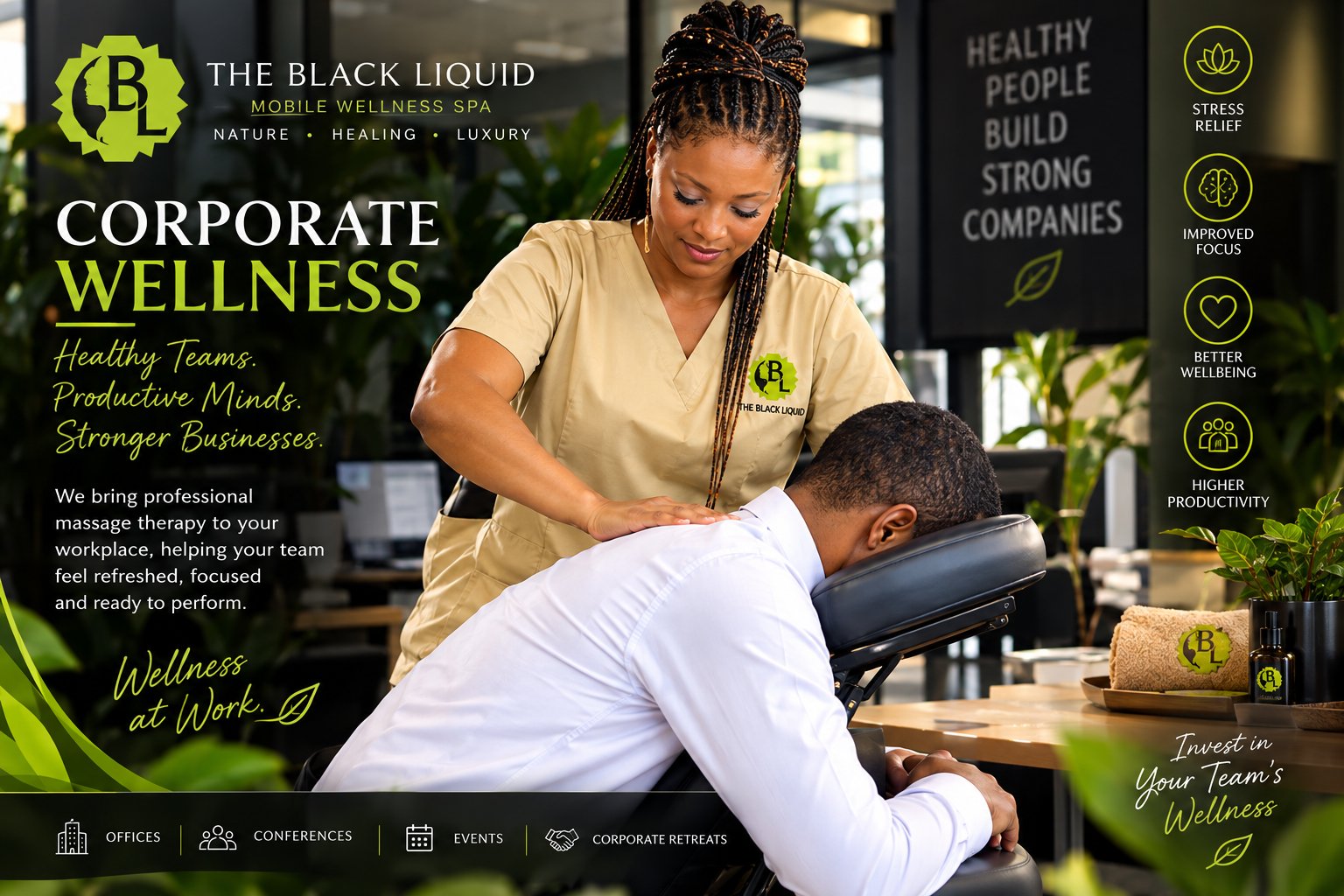 The Black Liquid Corporate Wellness massage therapy in workplace and office settings