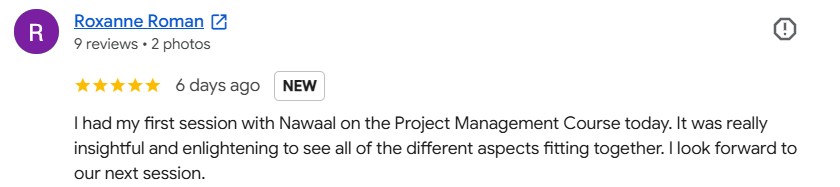 Client review from Roxanne Roman on Project Management Course with Nawaal Jacobs