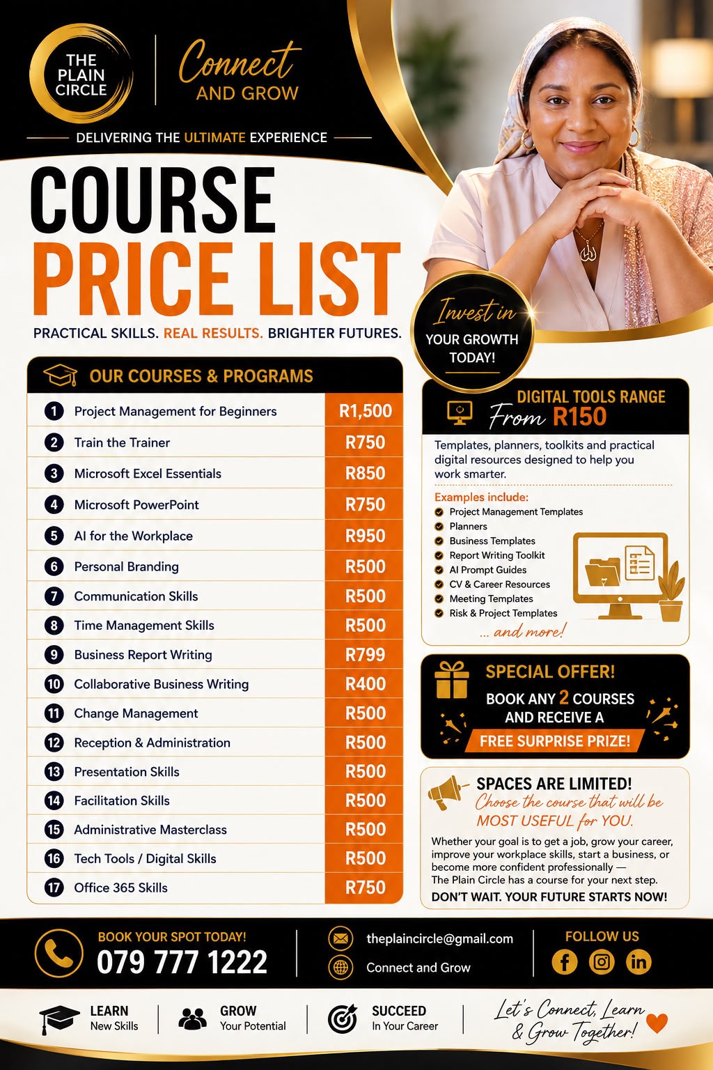 The Plain Circle Course Price List featuring Founder Nawaal Jacobs, course catalog, digital tools range, and booking details