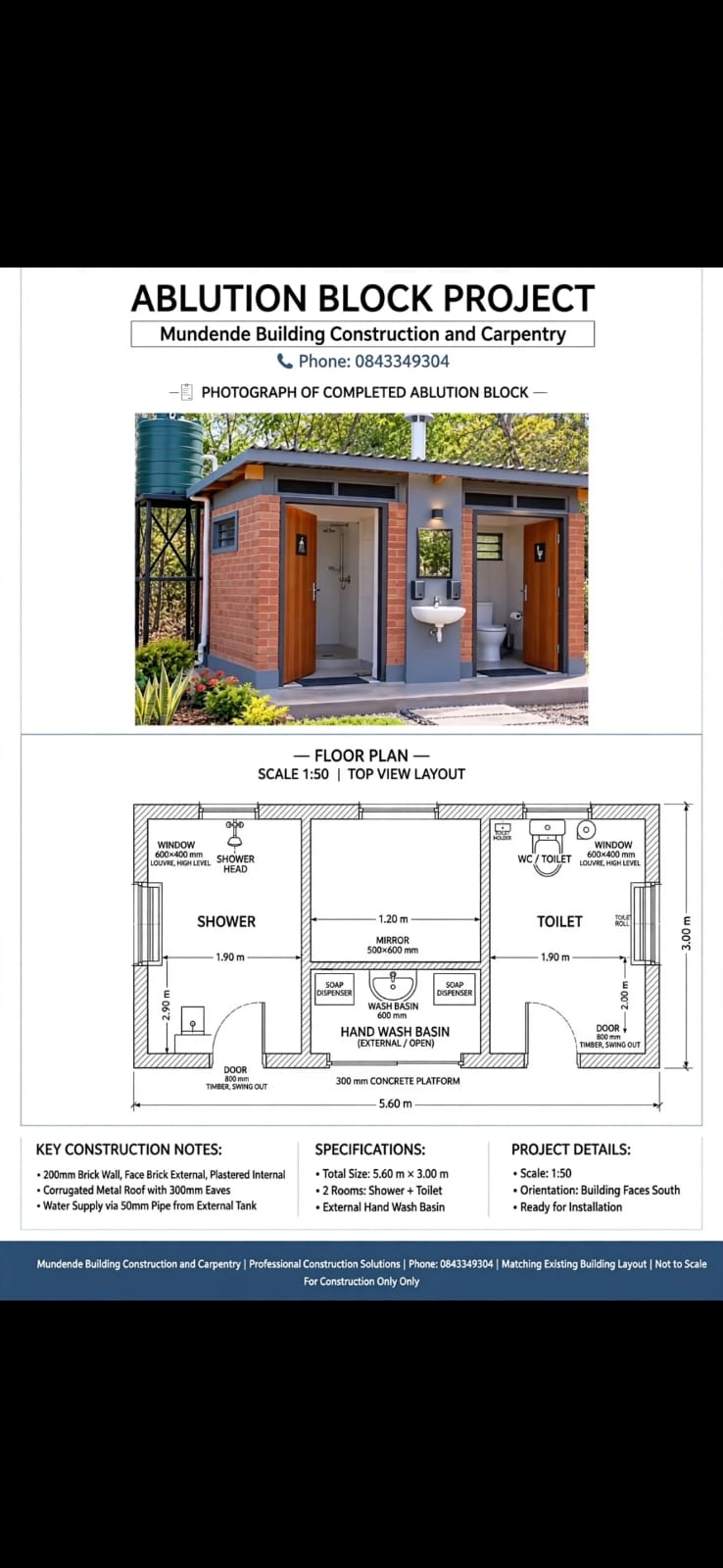 Ablution Block project sheet by Mundende Building Construction and Carpentry, showing the completed brick building, floor plan and specifications