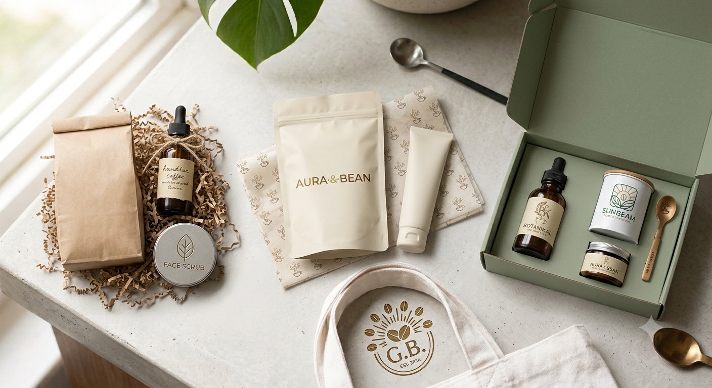 Aura & Beans premium upcycled skincare and organic coffee flat lay