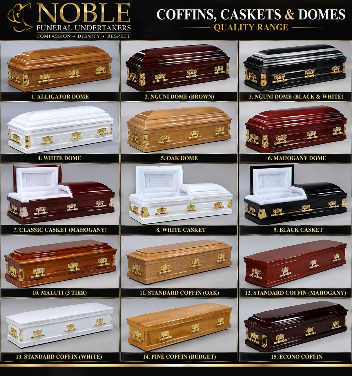 Noble Funerals Coffins, Caskets and Domes quality range showing 15 numbered options, from the Alligator Dome to the Econo Coffin.