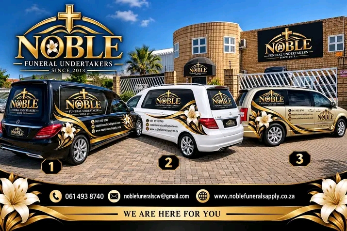 Noble Funerals fleet of black, white and gold vehicles with the Noble logo, parked outside the Noble Funerals building.