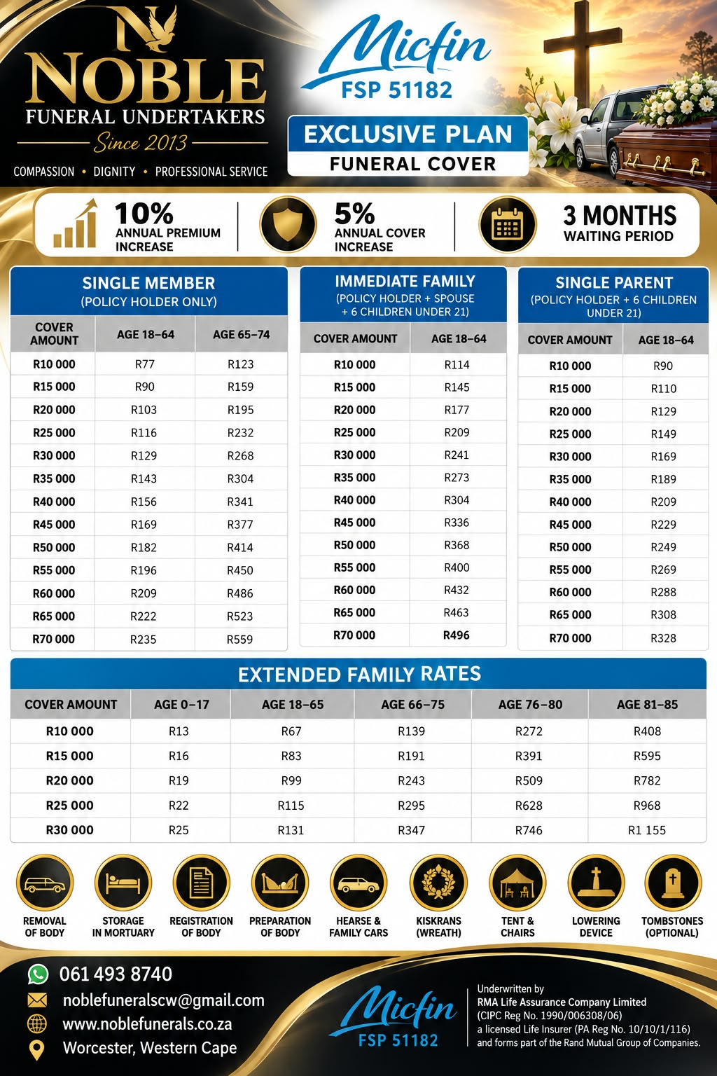 Noble Funerals Exclusive Plan Funeral Cover policy sheet by Micfin, FSP 51182, showing cover amounts, age-based monthly premiums and extended family rates, underwritten by RMA Life Assurance Company Limited.